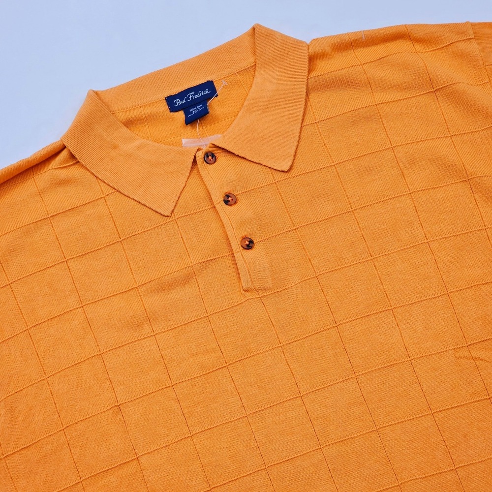 Paul Fredrick Polo Shirt Mens 3XLT Orange Silk Knit Windowpane Short Sleeve NWTO